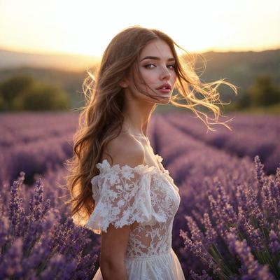 The primary subject of the image is a woman with long hair, standing in a field of purple flowers. She is wearing a white dress and appears to be posing for the camera. The setting is a field of lavender flowers, creating a serene and picturesque atmosphere. The visual style of the image is a photo, capturing the woman's beauty and the vibrant colors of the flowers. The overall mood of the image is one of tranquility and natural beauty.